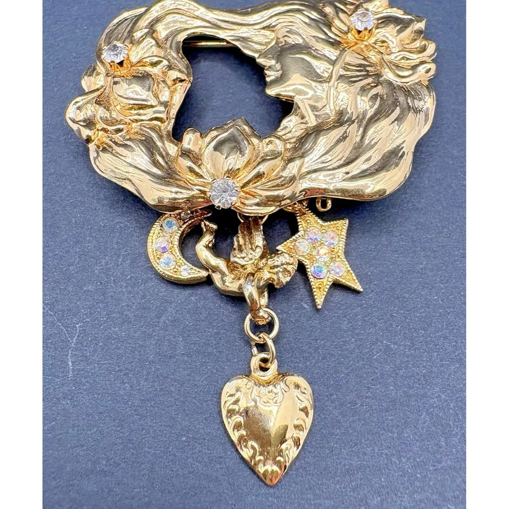 Vintage Kirks Folly Lady of the Lake Brooch Art Nouveau Crystal Dangles Angel